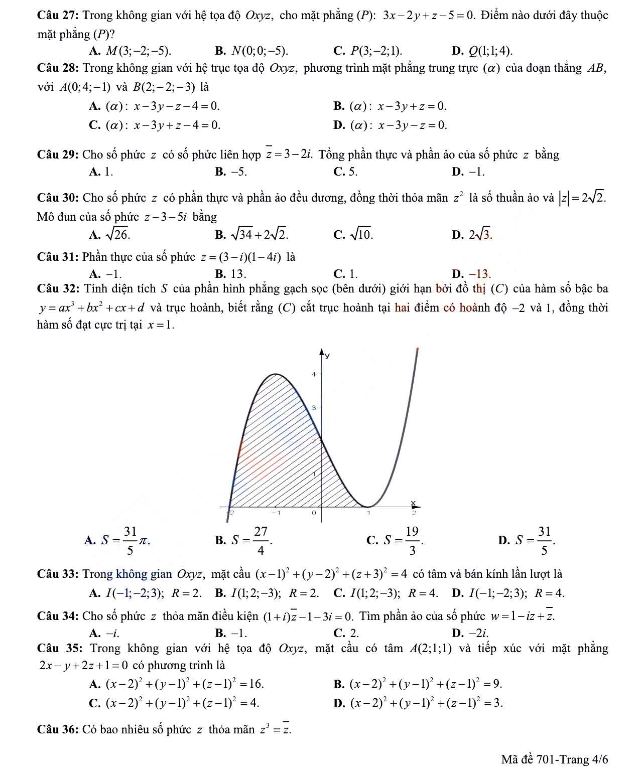 Đề thi học kì 2 Toán 12 Sở GD&ĐT Hậu Giang năm 2021 - 2022
