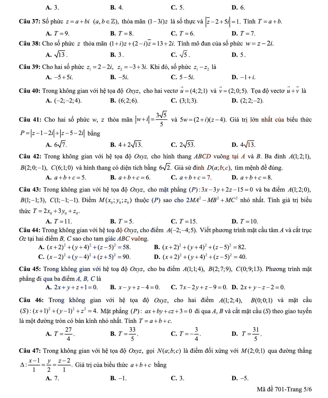 Đề thi học kì 2 Toán 12 Sở GD&ĐT Hậu Giang năm 2021 - 2022