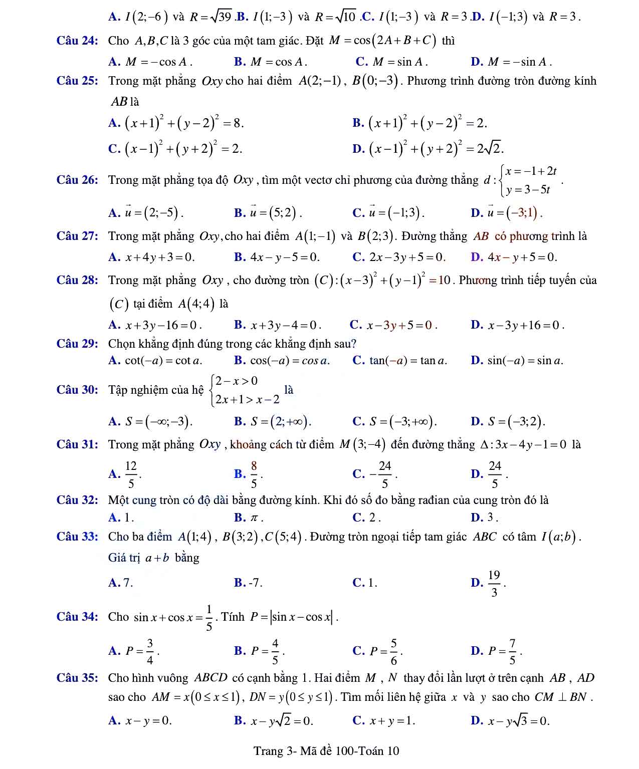 Đề thi học kì 2 Toán 10 Trường THPT Triệu Quang Phục - Hưng Yên năm 2021 - 2022