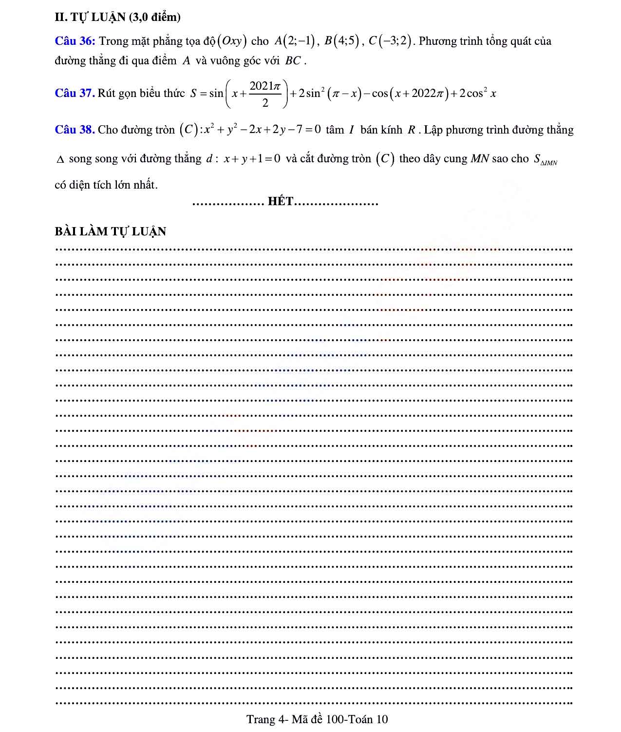 Đề thi học kì 2 Toán 10 Trường THPT Triệu Quang Phục - Hưng Yên năm 2021 - 2022