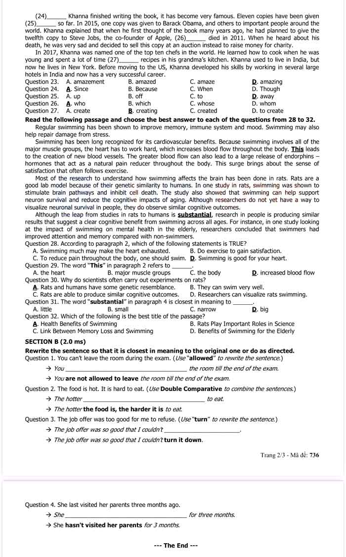 Đề thi tiếng Anh lớp 12 học kì 2 Sở GD&ĐT thành phố Đà Nẵng năm 2021 - 2022