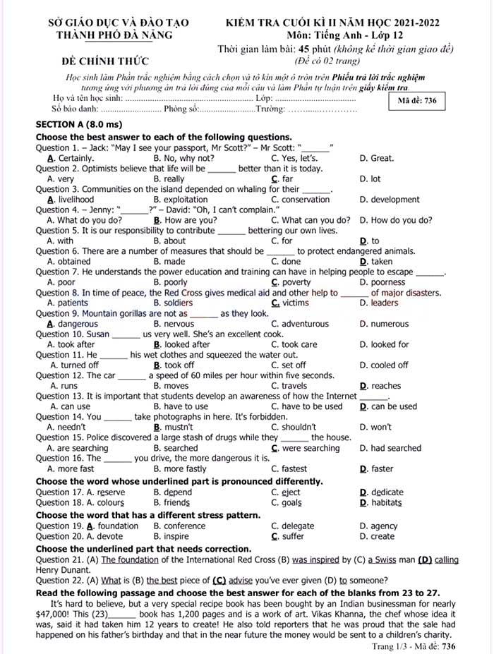 Đề thi tiếng Anh lớp 12 học kì 2 Sở GD&ĐT thành phố Đà Nẵng năm 2021 - 2022