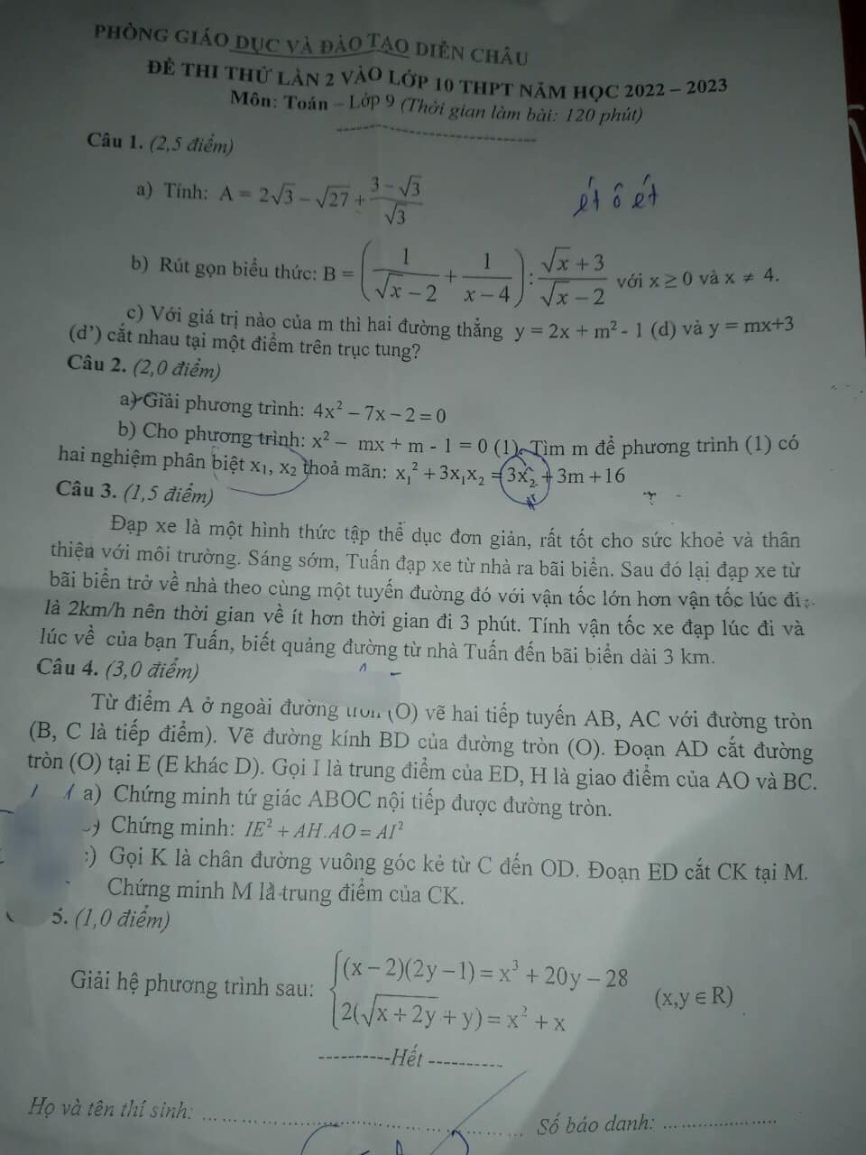 Đề thi thử môn Toán vào lớp 10