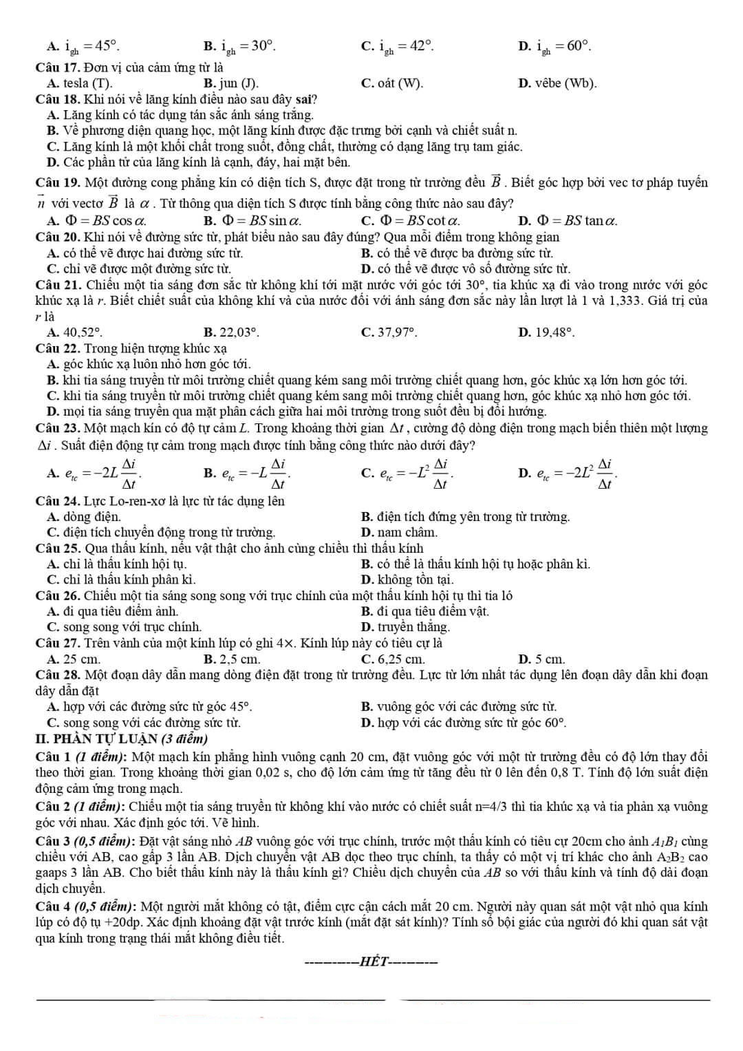 Đề thi học kì 2 lớp 11 môn Vật lí