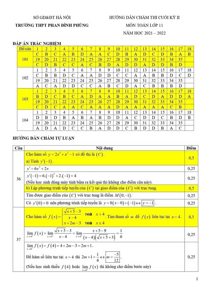 Đáp án đề thi học kì 2 môn Toán 11
