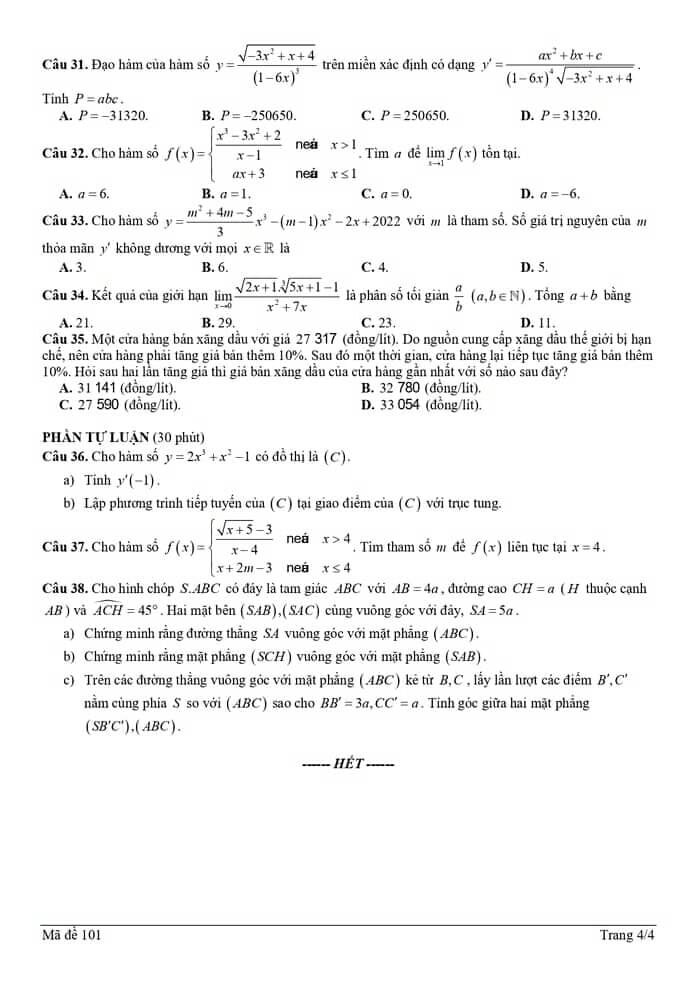 Đề thi học kì 2 môn Toán lớp 11