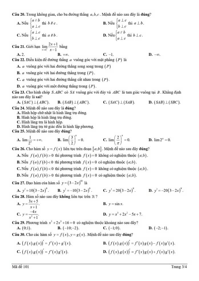 Đề thi học kì 2 môn Toán lớp 11