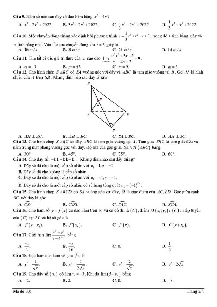 Đề thi học kì 2 môn Toán lớp 11