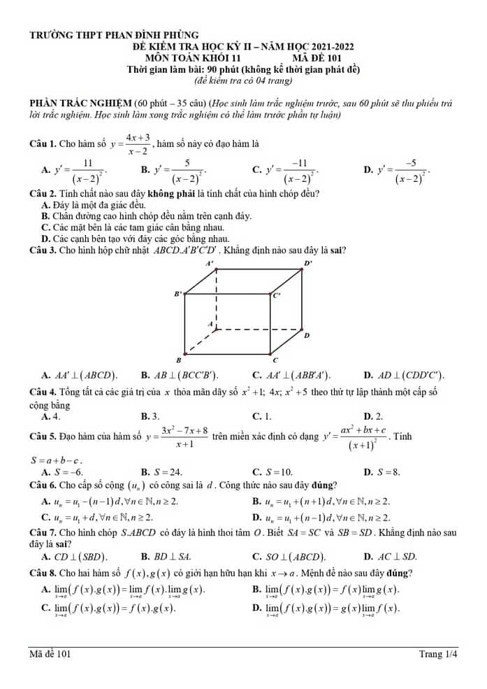 Đề thi học kì 2 môn Toán lớp 11