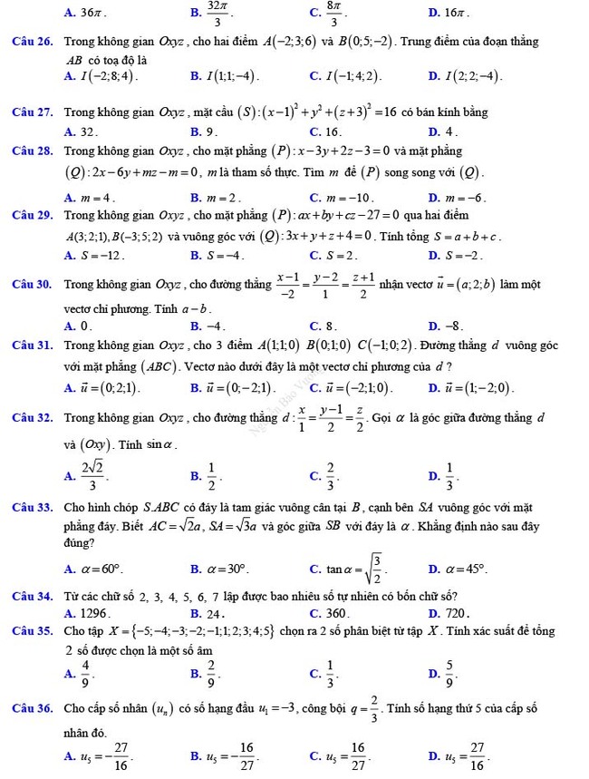 Đề thi thử THPT Quốc gia 2022 môn Toán Đề số 25