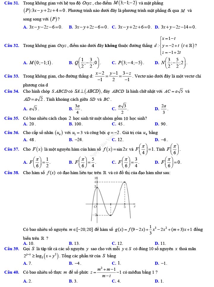 Đề thi thử THPT Quốc gia 2022 môn Toán Đề số 26