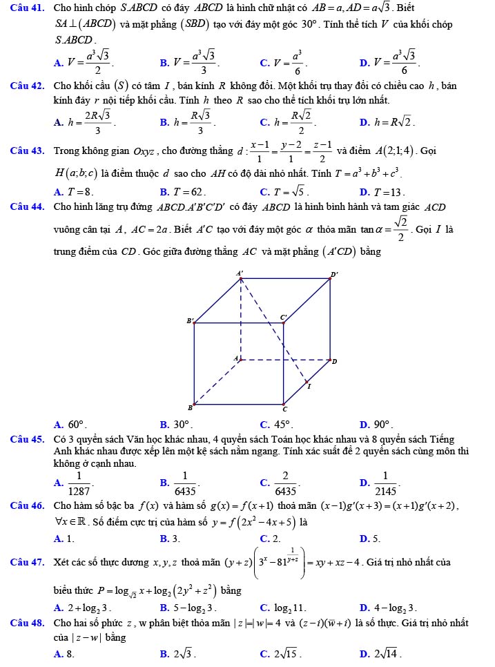 Đề thi thử THPT Quốc gia 2022 môn Toán Đề số 26