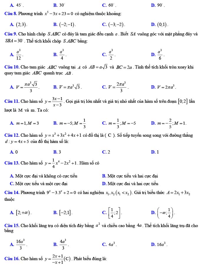 Đề thi thử THPT Quốc gia 2022 môn Toán Hàn Thuyên - Bắc Ninh (lần 1)