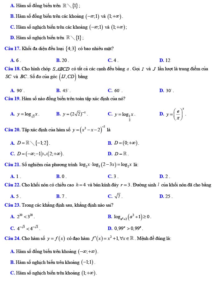 Đề thi thử THPT Quốc gia 2022 môn Toán Hàn Thuyên - Bắc Ninh (lần 1)