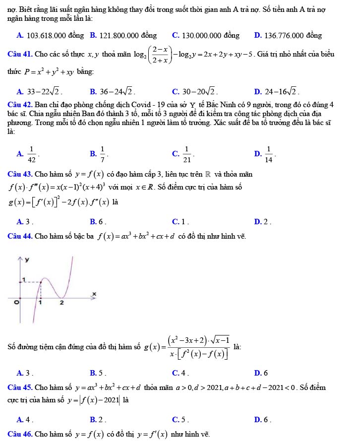 Đề thi thử THPT Quốc gia 2022 môn Toán Hàn Thuyên - Bắc Ninh (lần 1)
