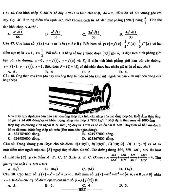 Đề thi thử THPT Quốc gia 2022 môn Toán Sở GD&ĐT Nghệ An