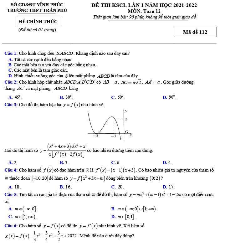 Đề thi thử THPT Quốc gia 2022 môn Toán Trần Phú - Vĩnh Phúc (lần 1)