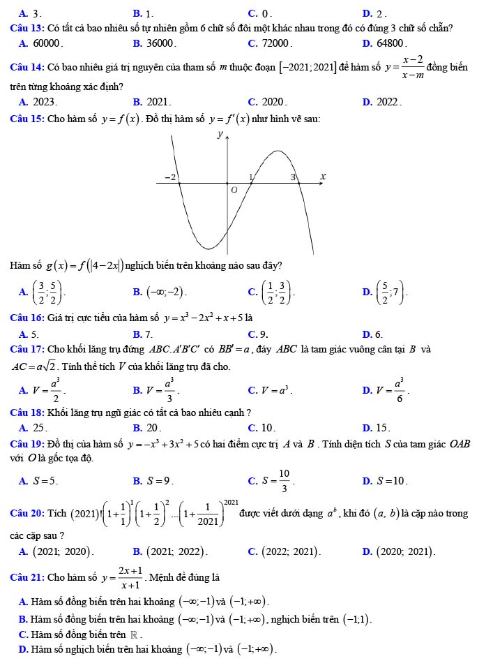 Đề thi thử THPT Quốc gia 2022 môn Toán Trần Phú - Vĩnh Phúc (lần 1)