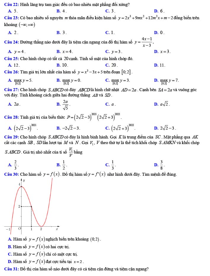 Đề thi thử THPT Quốc gia 2022 môn Toán Trần Phú - Vĩnh Phúc (lần 1)