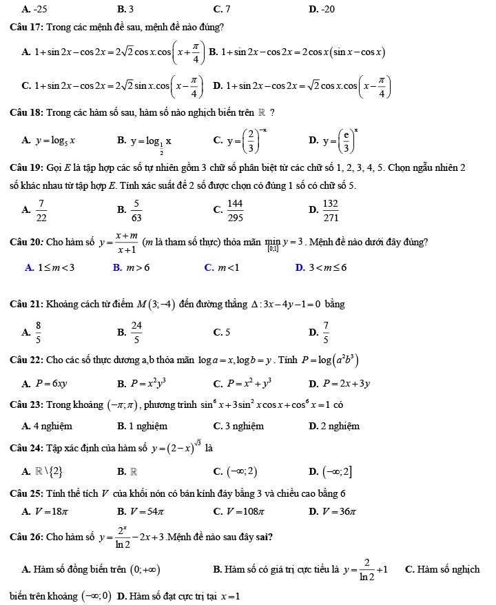 Đề thi thử THPT Quốc gia 2022 môn Toán Đề số 27