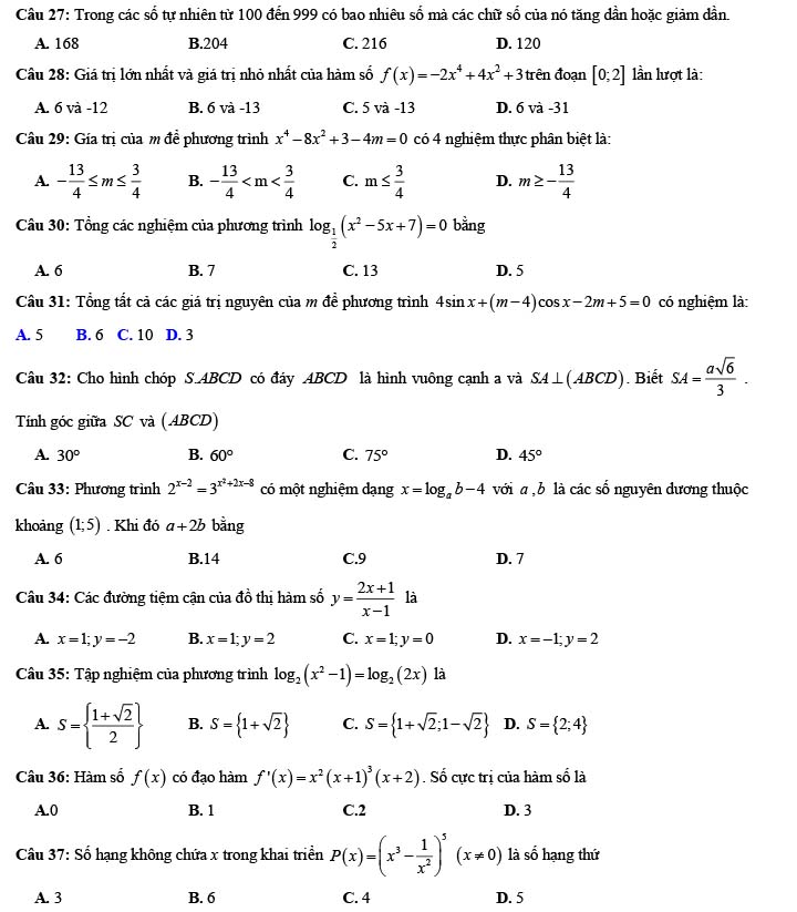 Đề thi thử THPT Quốc gia 2022 môn Toán Đề số 27
