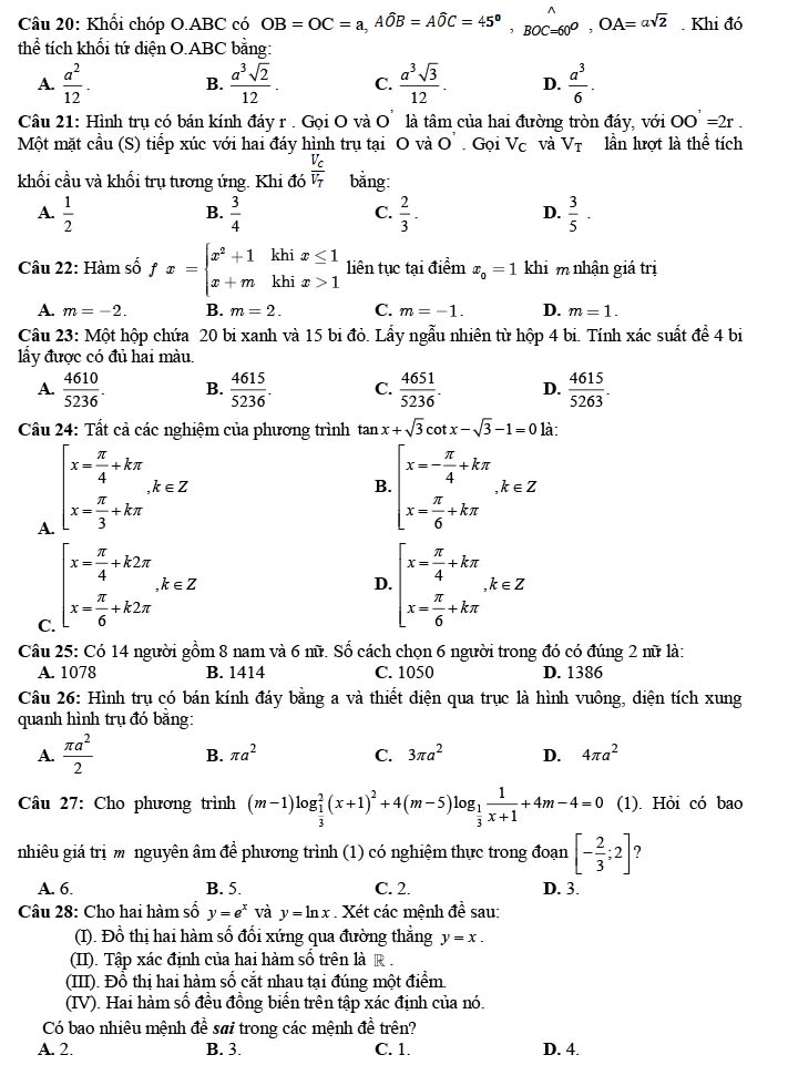 Đề thi thử THPT Quốc gia 2022 môn Toán Đề số 28