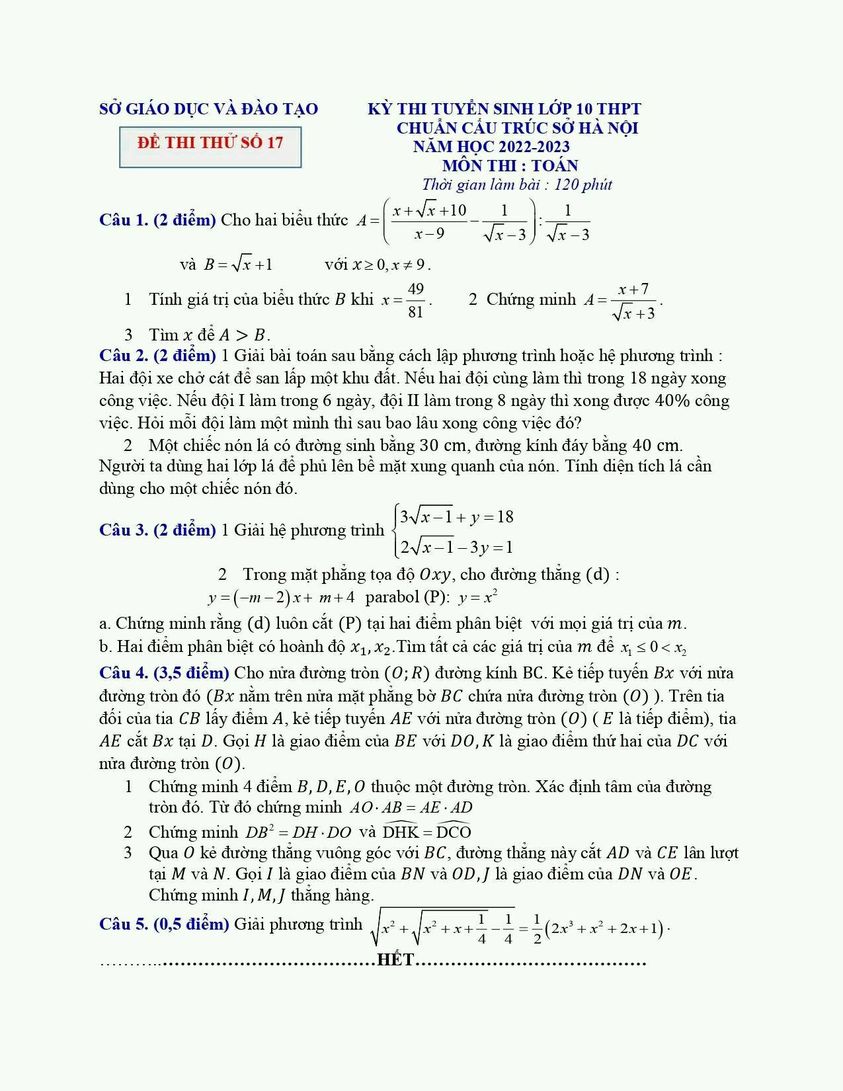 Đề thi thử Toán vào lớp 10