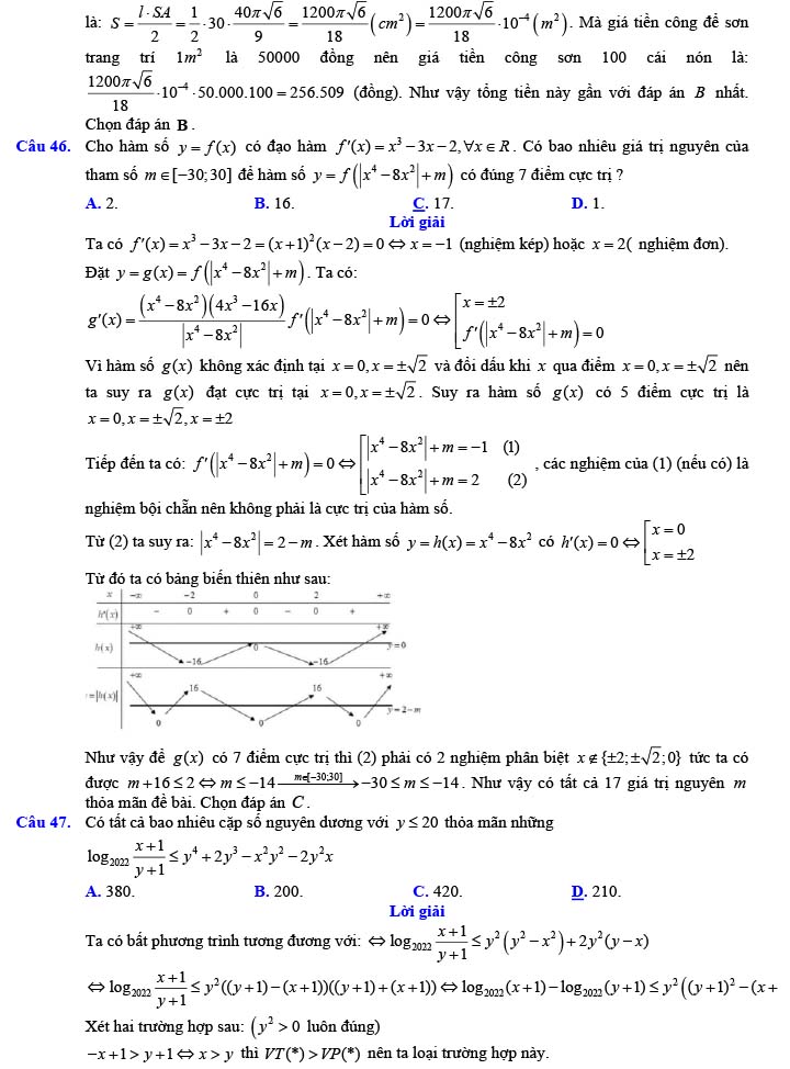 Đáp án đề thi thử THPT Quốc gia 2022 môn Toán Đề số 22