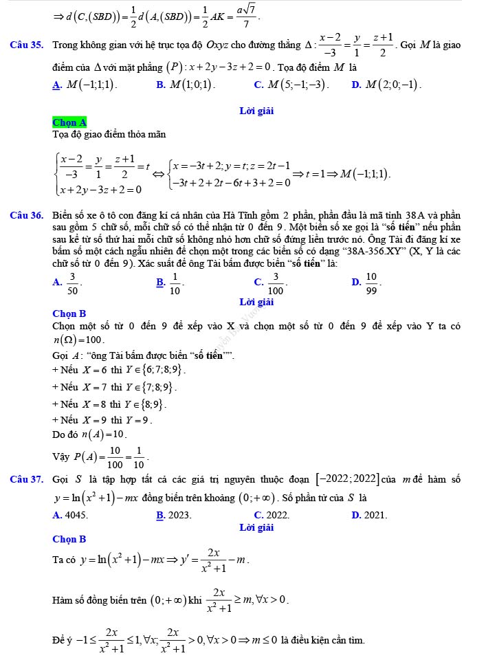 Đáp án đề thi thử THPT Quốc gia 2022 môn Toán Đề số 22