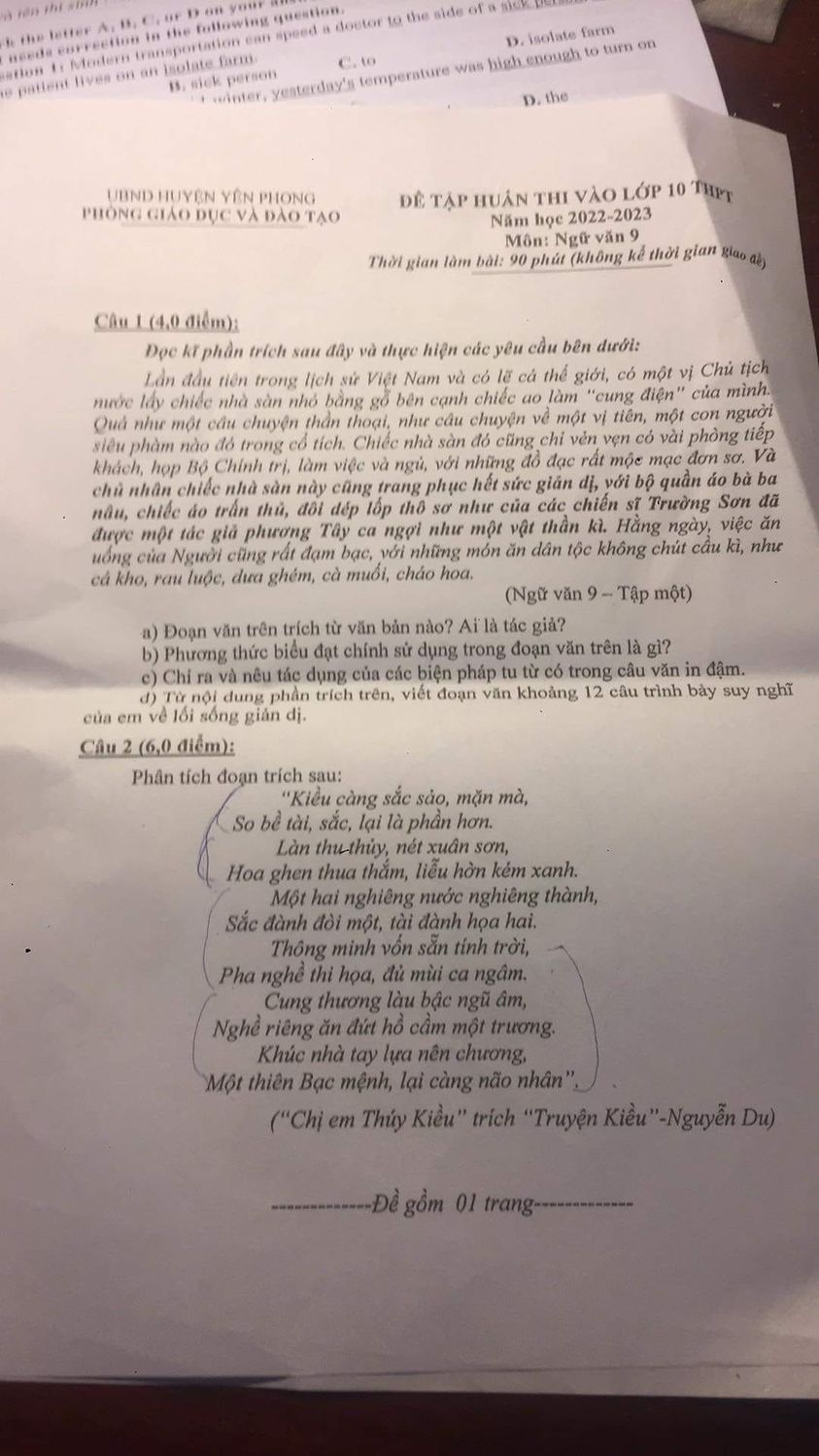 Đề thi thử vào lớp 10 môn Văn