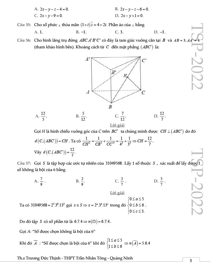Đề thi thử THPT Quốc gia 2022 môn Toán Đông Triều - Quảng Ninh
