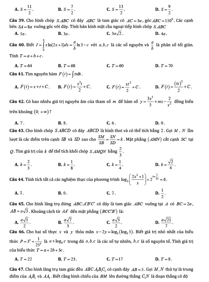 Đề thi thử THPT Quốc gia 2022 môn Toán Đô Lương 1 - Nghệ An