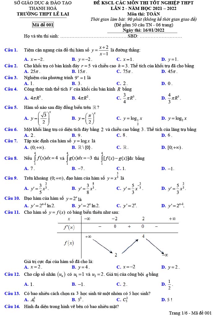 Đề thi thử THPT Quốc gia 2022 môn Toán Lê Lai - Thanh Hóa (lần 2)