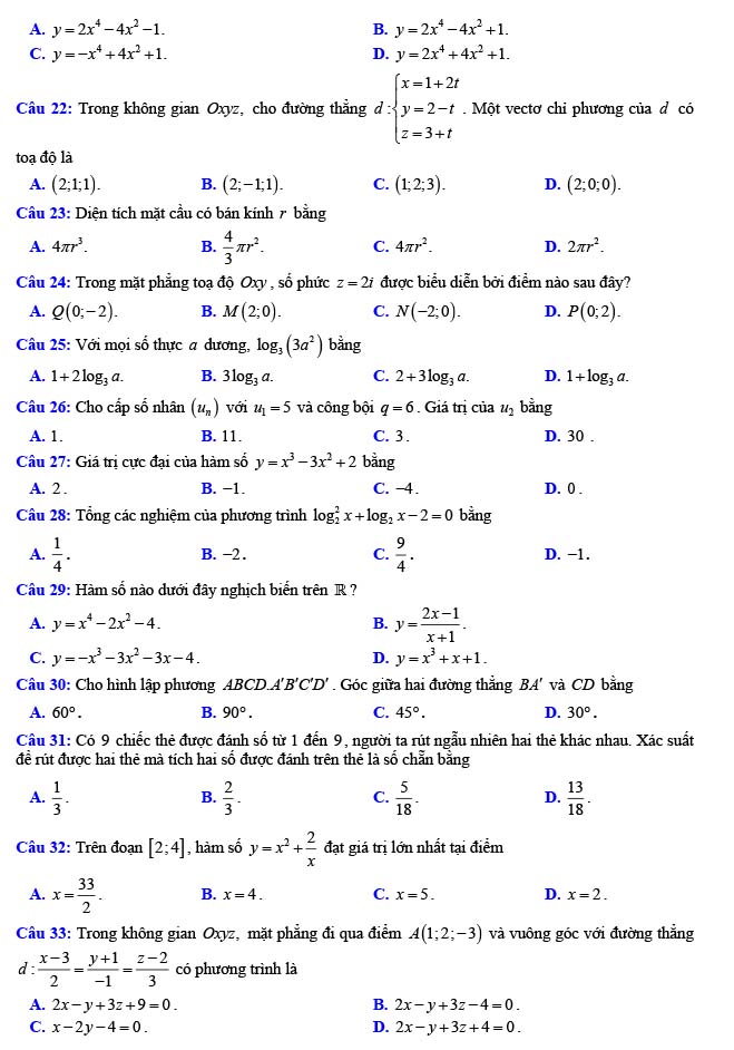 Đề thi thử THPT Quốc gia 2022 môn Toán Sở GD&ĐT Sơn La