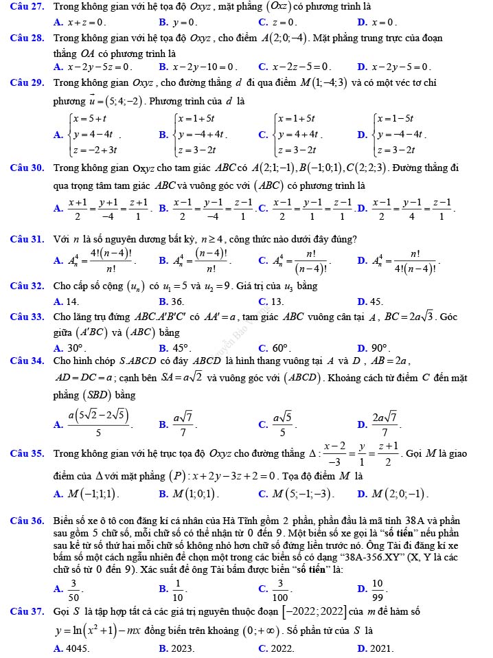 Đề thi thử THPT Quốc gia 2022 môn Toán Đề số 22