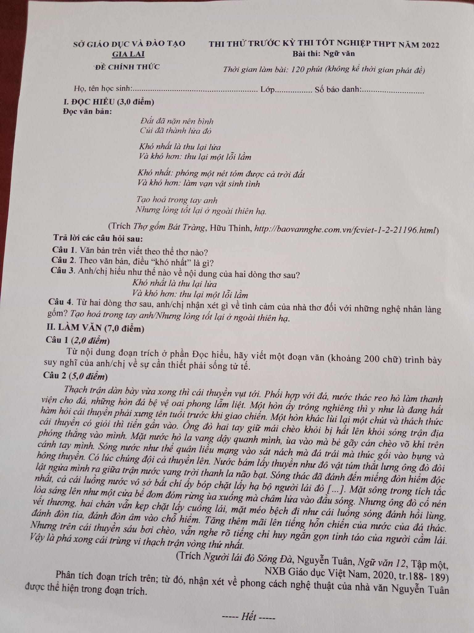 Đề thi thử vào lớp 10 môn Văn