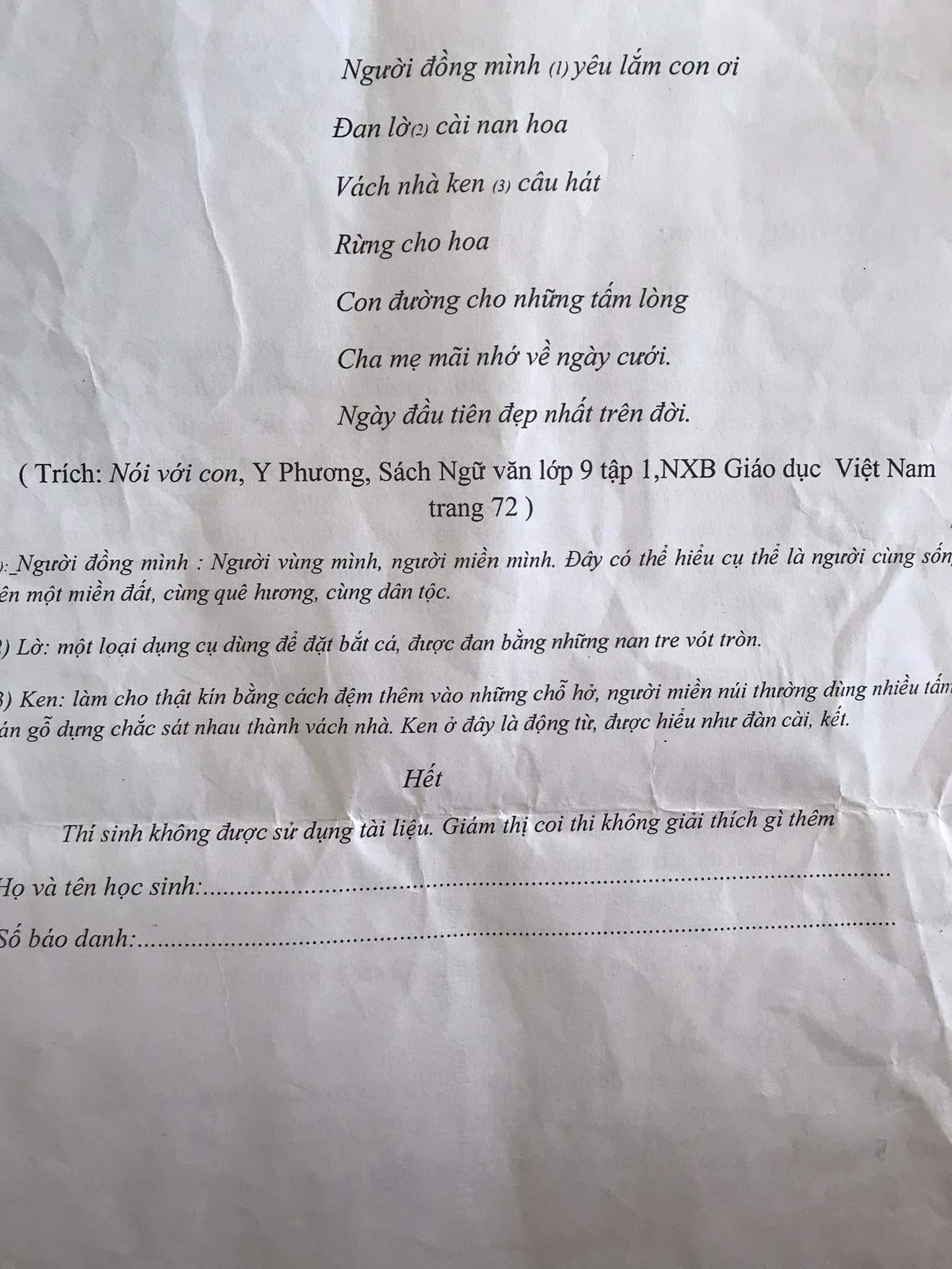 Đề thi môn Văn vào lớp 10