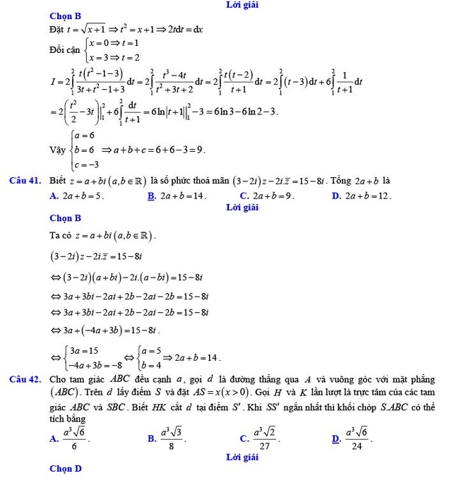 Đáp án đề thi thử THPT Quốc gia 2022 môn Toán Đề số 21