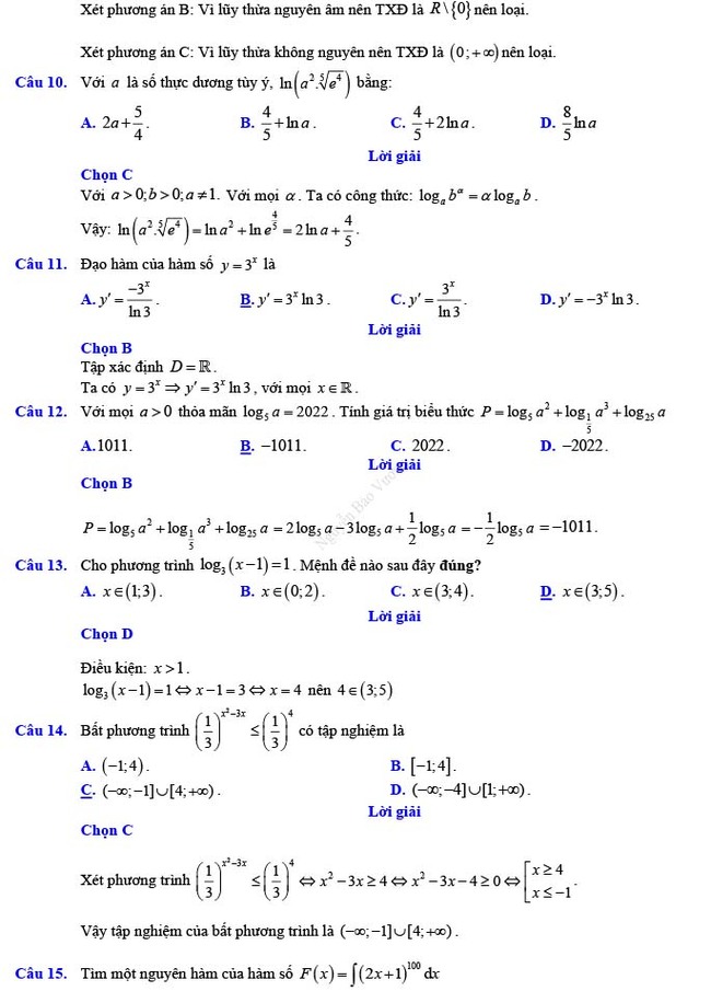 Đáp án đề thi thử THPT Quốc gia 2022 môn Toán Đề số 21