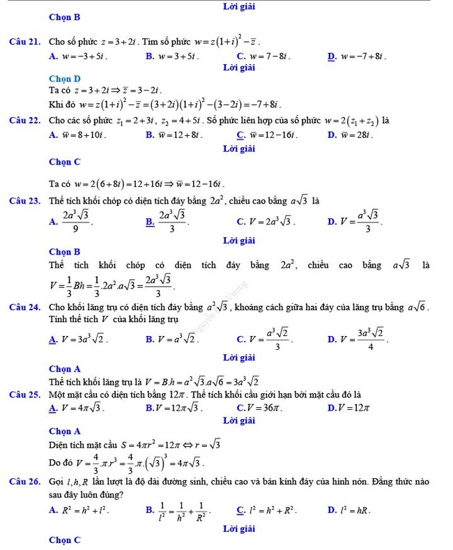 Đáp án đề thi thử THPT Quốc gia 2022 môn Toán Đề số 21