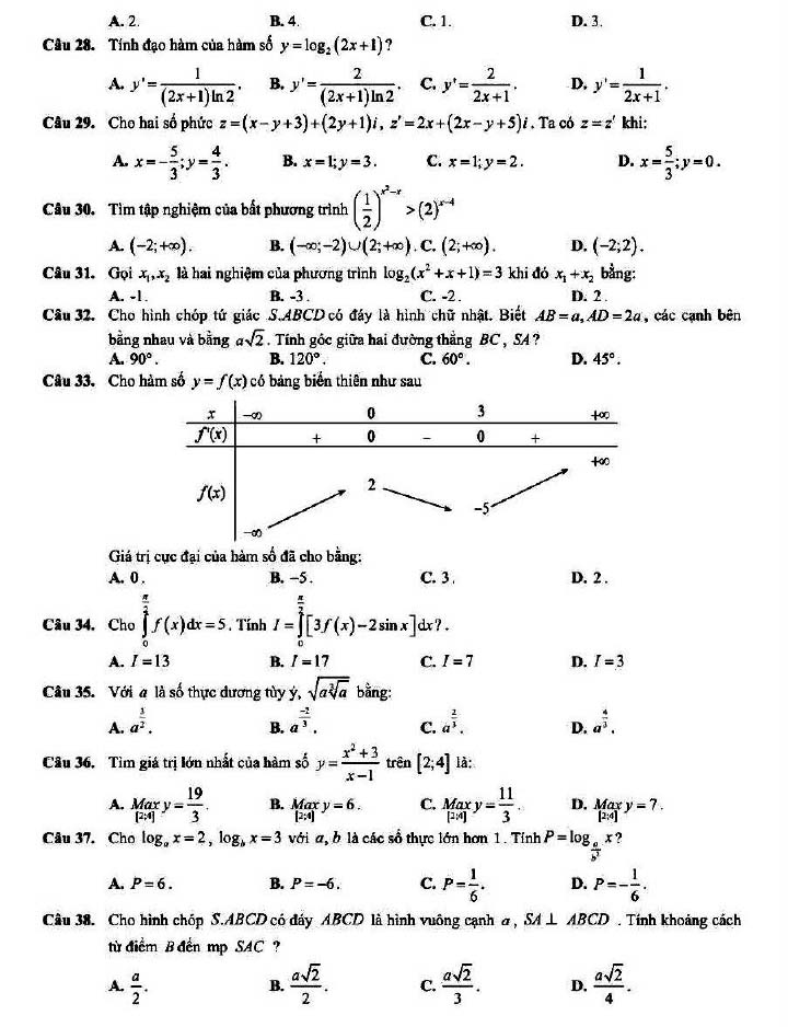 Đề thi thử THPT Quốc gia 2022 môn Toán Chuyên Biên Hòa - Hà Nam (lần 2)