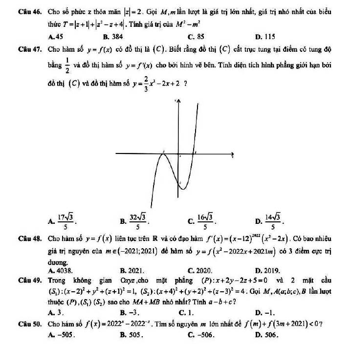 Đề thi thử THPT Quốc gia 2022 môn Toán Chuyên Biên Hòa - Hà Nam (lần 2)
