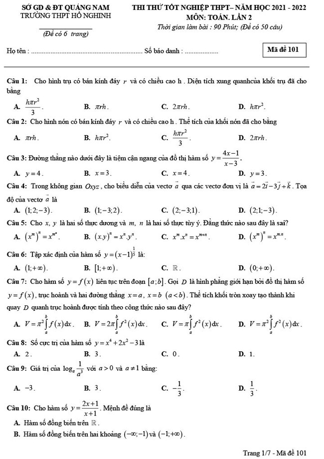 Đề thi thử THPT Quốc gia 2022 môn Toán Hồ Nghinh - Quảng Nam (lần 2)