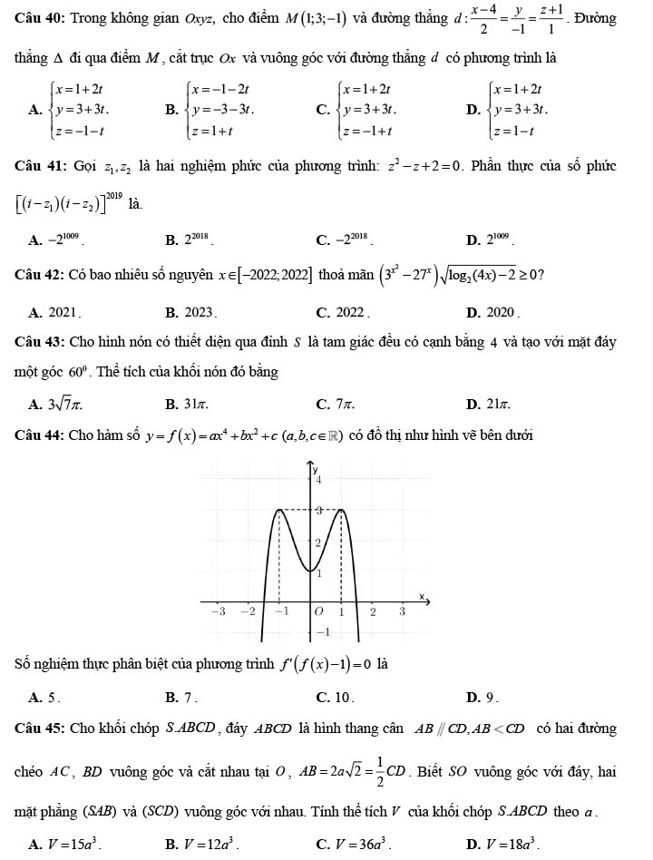 Đề thi thử THPT Quốc gia 2022 môn Toán Sơ GD&ĐT Cà Mau