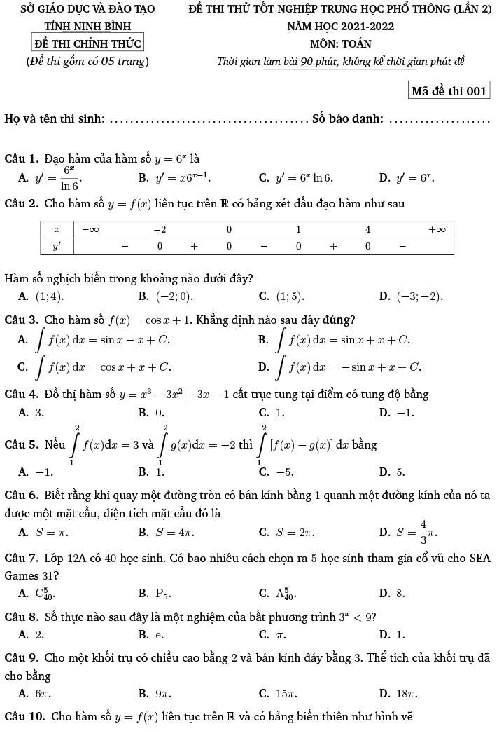 Đề thi thử THPT Quốc gia 2022 môn Toán Sở GD&ĐT Ninh Bình (lần 2)
