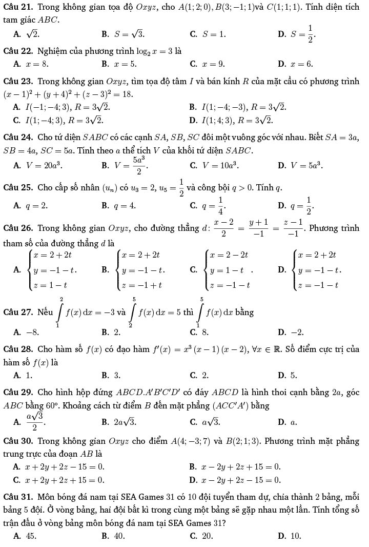 Đề thi thử THPT Quốc gia 2022 môn Toán Sở GD&ĐT Ninh Bình (lần 2)