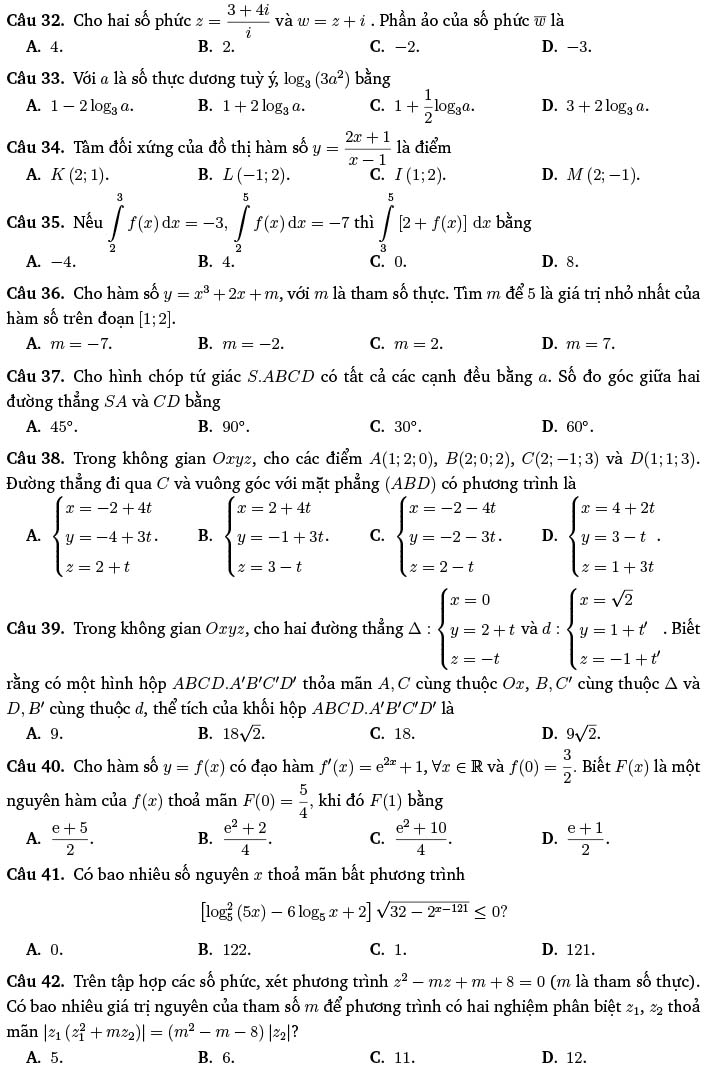 Đề thi thử THPT Quốc gia 2022 môn Toán Sở GD&ĐT Ninh Bình (lần 2)