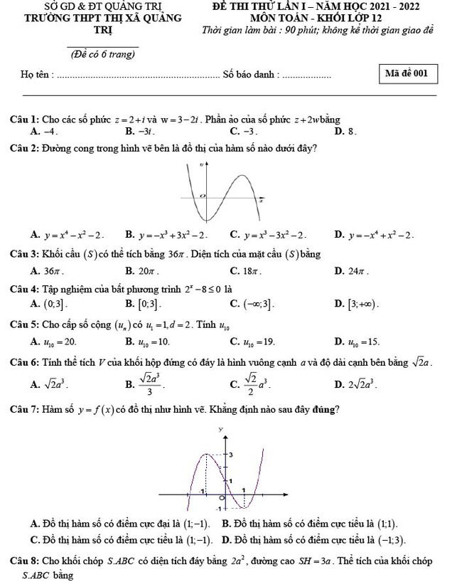Đề thi thử THPT Quốc gia 2022 môn Toán Thị xã Quảng Trị - Quảng Trị (lần 1)