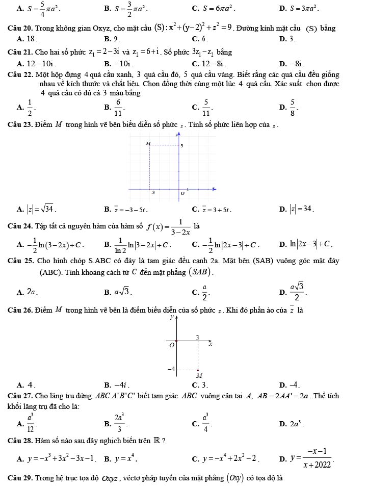Đề thi thử THPT Quốc gia 2022 môn Toán Phụ Dực - Thái Bình (lần 2)