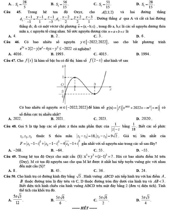 Đề thi thử THPT Quốc gia 2022 môn Toán Phụ Dực - Thái Bình (lần 2)
